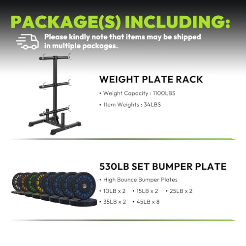 HANDBODE Weight Plate Rack with Barbell Storage, 1100 lbs Capacity | 6-Peg Vertical Holder for 1- or 2-Inch Plates, Heavy-Duty Organizer for Home Gym - style: 530 LB - Set with Rack