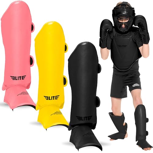 Elite Sports Muay Thai MMA Kickboxing Boys and Girls Shin Guards for Age 4 to 14 Years, Instep Guard Sparring Protective Leg Shin Kick Pads for Kids - color: Black, size: Medium