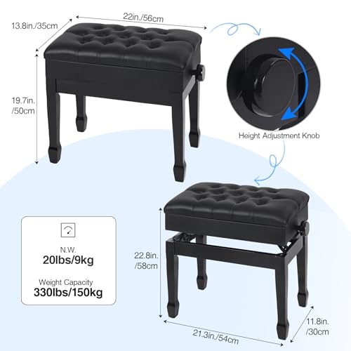 Adjustable Height Piano Bench with Storage, Heavy Duty Wooden Piano Stool Keyboard Bench with PU Leather Cushion, Black - color: Black Matte
