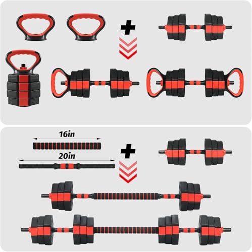 Adjustable Dumbbell Set, 44/66/88Lbs 4-in-1 Free Weights for Home Gym, Converts to Kettlebell & Barbell with Connector, Non-Slip Grip, Ideal for Men & Women Strength Training - color: Black and Red