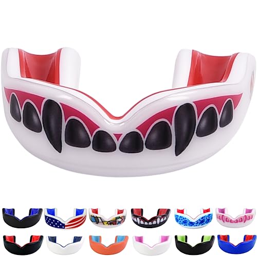 Oral Mart Youth Sports Mouth Guard for Kids (USA Flag, Fangs, 20+ Colors to Choose from) Mouthguard for Football, MMA, Karate, Boxing, Rugby, BJJ, Flag Football – /w Case (Youth, Strapless) - color: Black Fangs