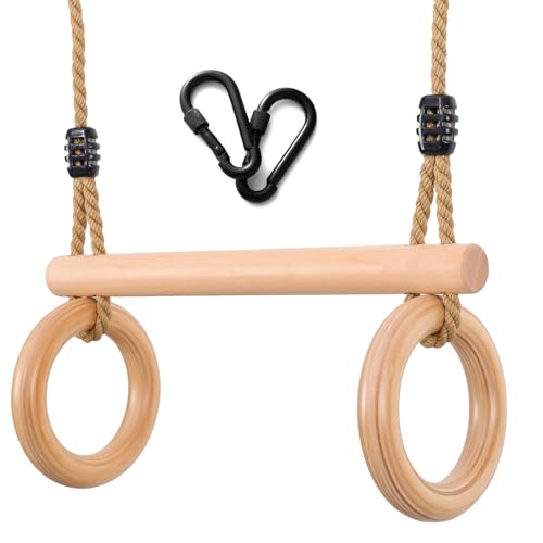YAERSI Children's Trapeze Swing Bar with Wooden Gym Rings,Trapeze Bar for Swing Set - color: Round