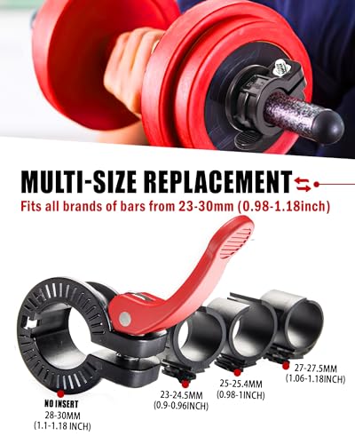 Narrow Barbell Clips 2.5cm Width for Olympic Bars, 0.9-1.18inch Adjustable Weight Clamps, Quick Release Locking Collars for Weightlifting - color: Black+red