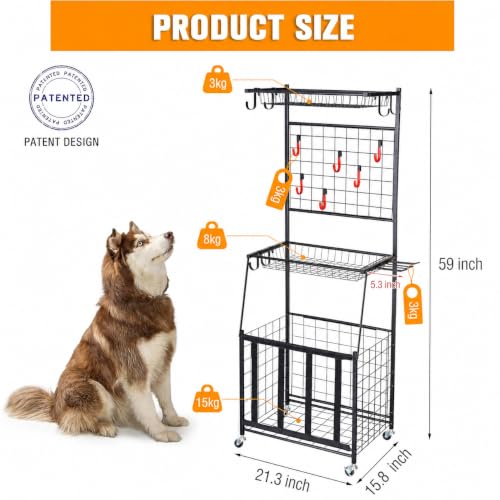 PLKOW Sports Equipment Storage for Garage, Indoor/Outdoor Sports Rack for Garage, Ball Storage Garage Organizer with Basket and Hooks,Toy/Sports Gear Storage - color: Black, 21.3"L x 15.8"W x 59"H