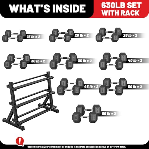 PAPABABE Dumbbell Set with Rack, 540-850lb, Rubber Encased, Home Gym | Complete & Durable Cast Iron Core Odorless PVC Antiroll Hex Shape Ergonomic Chrome Handle Versatile Home Gym - size: 630LB with 3-Tier Weight Rack