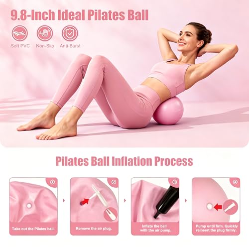 Women's Pilates Ring Set with Knee and Wrist Brace, 14in | Knee & wrist Brace protect joints. Ball, band(15-50lbs), socks, strap, bag, pump, guide. Durable, portable, lifetime support. - size: Medium