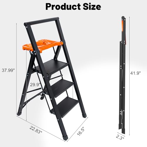 Aluminum 3 Step Ladder with Tool Tray - 600lbs Heavy Duty Lightweight Step Stool with Extended Handrails, Work Platform for Home Maintenance & DIY Projects (Black&Orange)