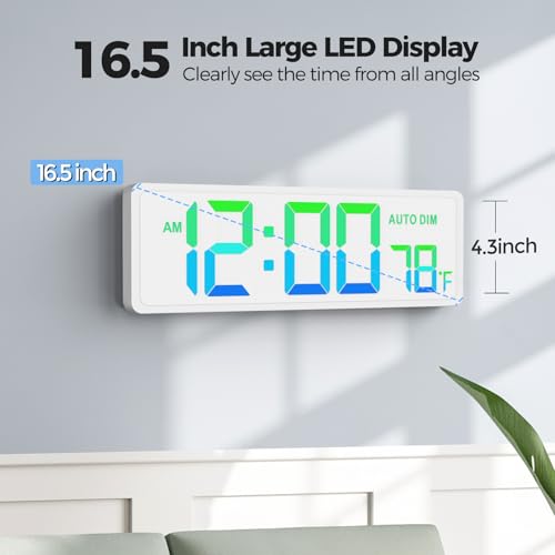 REACHER 16.5" Large Digital Wall Timer Clock, Countdown/up, Remote Control | Auto dimmer, temperature, rainbow LED wall clock for teacher, classroom, home decor, living room, office, gym, cable tidy - color: White