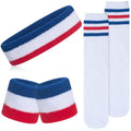 ONUPGO 5 Pieces Kids Sweatbands Soccer Socks Set - Sports Headband, Wristbands, Striped High Socks for Kids, Youth,Toddler & Baby - Football, Basketball, Running, Cycling, Tennis - color: Red/White/Blue