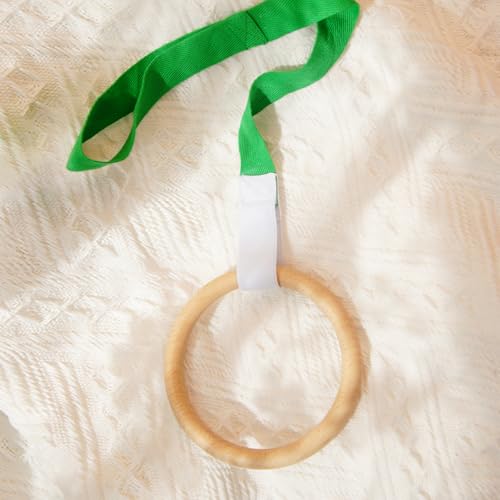 Baby Pull Ring, Wooden Activity Ring with Strap, Early Development Toy - color: Green and Beech Wood
