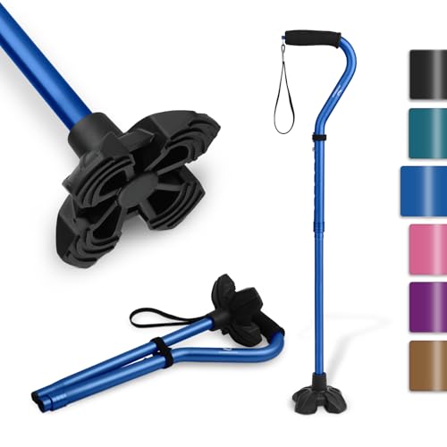 KINGGEAR F1 Walking Stick, Walking Cane for Women & Men, Self Standing Walkers for Seniors with Wrist Strap, Lightweight & Sturdy Offset EVA Handle and Large Quad Base - color: Dark Blue