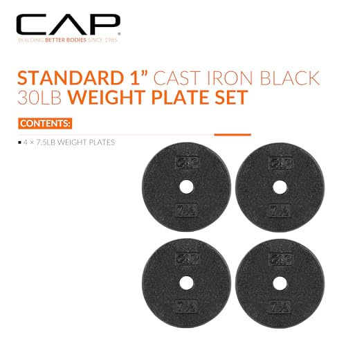 CAP Barbell Standard 1-Inch Cast Iron Weight Plates - Singles & Sets | 1.25-50 lbs | Multiple Options - color: Black, size: 7.5 lb - Set of 4
