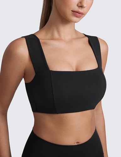 CRZ YOGA Butterluxe Wide Strap Sports Bras | Light Support, Removable Pads, Yoga, Extremely Soft, Square Neck, Front Split Line, for Women - color: Black, size: X-Large