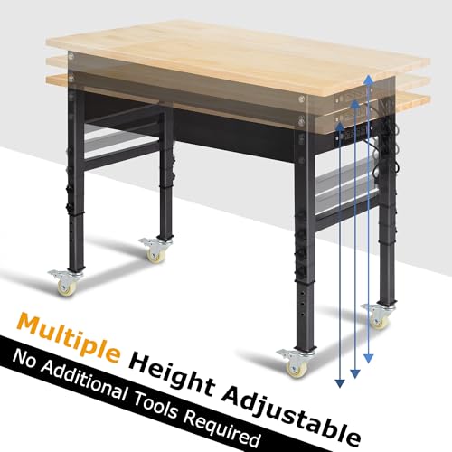 48" Adjustable Work Bench, Rubber Wood Top Workbench | Heavy-Duty work table with Power Outlet,workbenches Wheels, 2000 LBS Load Capacity Hardwood Work Benches for Garage - size: with socket and wheels, 48