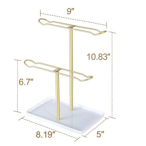 Headband Holder Organizer, 2-Tier T-bar Storage Stand with Tray for Hair Accessories Hairband Hair Clip, for Girls Women, Gold & White - color: White-gold
