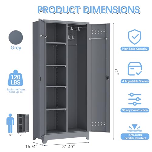 IRONFFICE Metal Garage Storage Cabinets,Metal Broom Closet Storage Cabinet,Utility Cabinets for Brooms and Mops,Steel Tall Cabinet with Shelves for Laundry Room,Bathroom,Home,Grey - size: 72"H x 31.5"W x 15.74"D-Grey