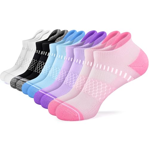 IRAMY Light Compression Socks for Women Arch Support Athletic Cushioned Anti-Blister Comfort Running Ankle Socks 3/5 Pairs - color: Pink+purple+blue+black+white(5 Packs), size: 6-9