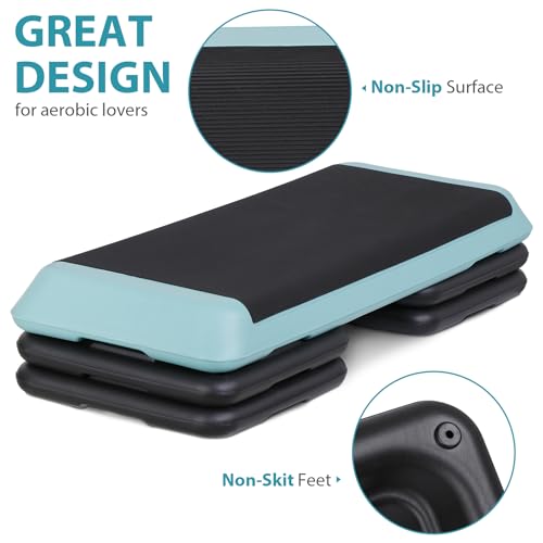 43" Exercise Aerobic Step Platform, Adjustable Fitness Stepper, with 4 Removable Risers for Home Gym Cardio Strength and Training - color: Light Blue