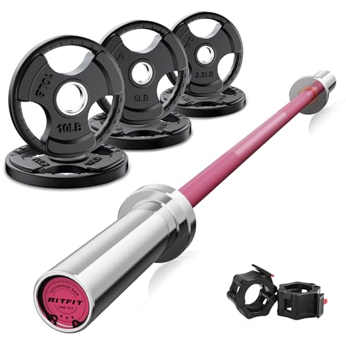 RitFit Barbell Weight Set - 4/6FT Olympic Barbell with Weight Plates (55-115LB Total) - Weightlifting Equipment for Squats, Curls, Deadlifts, Presses, Hip Thrusts - color: Pink, size: 4FT With 35LB Plates