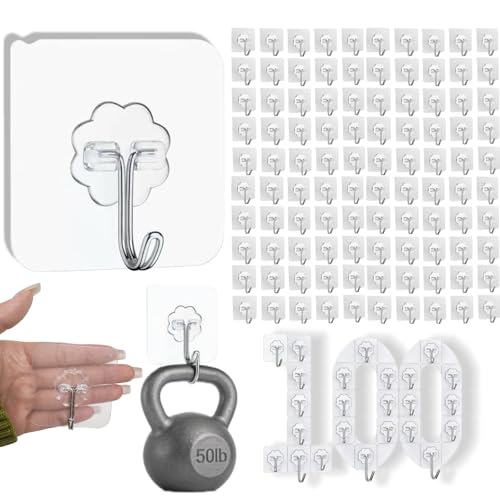 DDMY 100 Pack Heavy Duty Self Adhesive Hooks 50 lbs Transparent Reusable Sticky Wall Hooks for Hanging Waterproof Adhesive Hooks for Kitchen, Towel, Bathroom Shower, Office, and Outdoor No Damage - color: Transparent, size: 100 Pieces