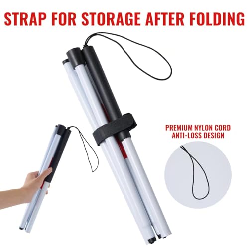 Foldable White Cane(Blind Cane) with Red Reflective Strip, 49 Inch Lightweight Walking Stick for Vision Impaired, Anti-Slip Handle for Daily & Travel Use