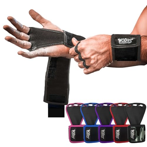 JerkFit WODies Gymnastics & Weightlifting Grips with Wrist Wraps – 3 Hole Versatile Gym Gloves for Pull Ups, Gym Training & Cross Training – Hand Grips Palm Protector for Men & Women - color: Black, size: XLarge 4.75”- 5.25”