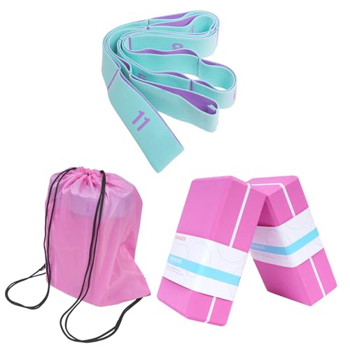 High Density Yoga Blocks 2 Pack with 11 Loops Stretch Band, 350g Non-Slip Foam Exercise Bricks for Pilates & Dance, Pink Gym Accessories with Carry Bag for Flexibility, Balance & Rehab Training - color: Pink Brick & Blue Band