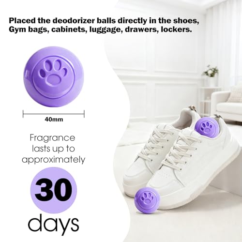 SCENTORINI Shoe Deodorizer Balls, 8 Pack Lavender Sneaker Deodorizer Balls | Odor Eliminator for Smell Shoes Boots, Long Lasting Shoe Freshener for Gym Bags, Drawers and Small Spaces - size: 0.06 Ounce (Pack of 8)