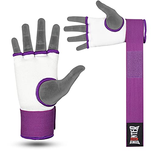 HUNTER Gel Boxing Hand Wraps for Men & Women, Quick Inner Gloves with Wrist Support for MMA, Muay Thai, Kickboxing & Martial Arts Training, Knuckle Protection (Pair) - color: White/Purple, size: Large-X-Large