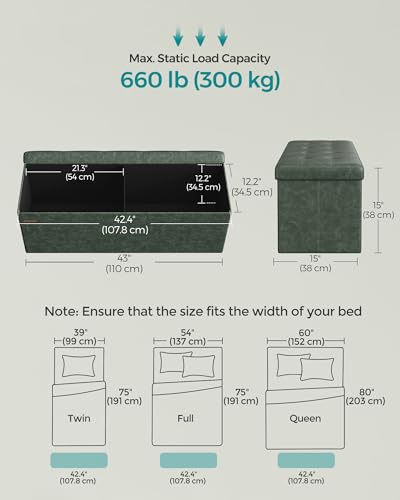SONGMICS Mazie Collection - 43 Inches Folding Storage Ottoman Bench, Ottoman with Storage, Foot Rest Stool, Load 660 lb, for Living Room, Synthetic Leather, Forest Green ULSF070C01 - color: Forest Green, size: 15"D x 43"W x 15"H