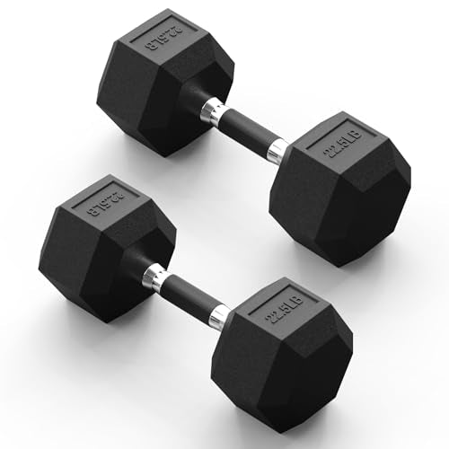 PAPABABE Hex Dumbbell Set 2.5-100lb, Rubber Grip Dumbbells, Home Gym | Complete & Durable Cast Iron Core Odorless Antiroll Hex Shape Ergonomic Versatile Home Gym Comfort Non-Slip Grip - size: 22.5 lb, Pair, style: Rubber Grip