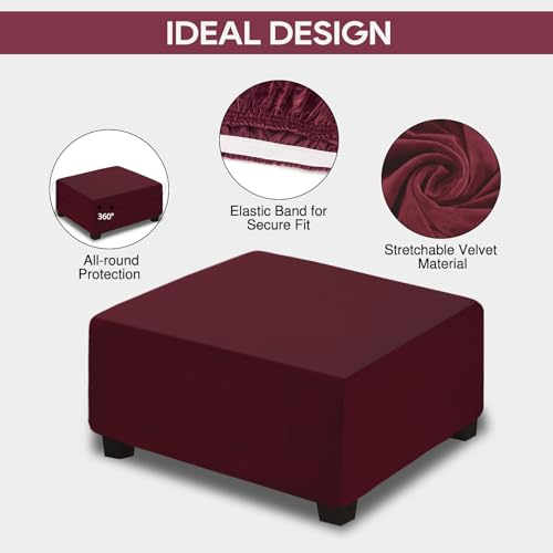 NeColorLife Velvet Ottoman Cover Christmas Ottoman Slipcover Thick Stretchable Footrest Stool Covers with Elastic Band for Square Ottoman(Large Size,Wine Red) - color: Wine Red, size: L Length: 35"-45",Width: 31"-43"