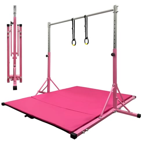 Gymnastics Bar for Kids Girls Ages 3-15 with Ring for Home Indoor Training Equipment- Steady Steel Construction, Anti-Slip, Easy to Assemble, 3' to 5' Adjustable Height - color: PINK, size: 4.8FT, style: FOLDABLE BAR WITH MAT&RING