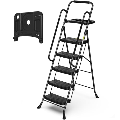 HBTower Step Ladder with Handrails, Folding Step Stool with Attachable Tool Bag & Anti-Slip Wide Pedal for Home Kitchen Pantry Office, Black - size: 5 Step