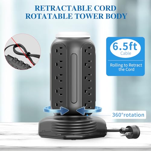 Multiple Outlets Surge Protector, PD 30W Fast Charging Power Strip Tower with RGB Night Light, 15 AC Outlets Power Tower, 2 Type C and 4 USB Ports, 6.5FT Retractable Extension Cord Charging Station - color: Black -PD 30W