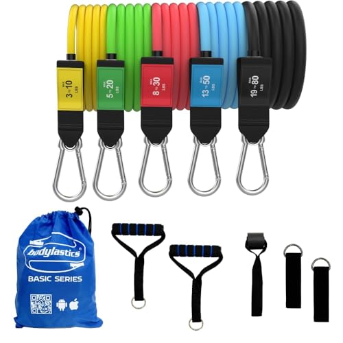 Bodylastics Patented Basic Series Resistance Band Set - Resistance Bands with Snap Reduction Tech, 2 Handles, 2 Ankle Straps, 1 Door Anchor & 1 Carry Bag - color: BASIC 3-190LBS Set Assorted