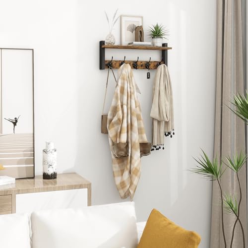 Homode Wall Hooks with Shelf, Wood Coat Rack with Shelf Wall-Mounted, Entryway Hanging Shelves with 5 Metal Hooks for Clothes Hats Towel Purse Robes, Bathroom Mudroom Bedroom, Rustic Brown Black - color: Rustic Brown, size: 17.1 Inch Long