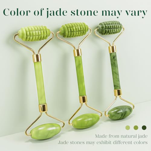 BAIMEI IcyMe Gua Sha and Jade Roller for Face, Natural Jade Face Roller with Ridge Design for Reducing Puffiness & Skin Firming,Facial Sculpting Tool, Self Care Gift for Women Men - color: Green