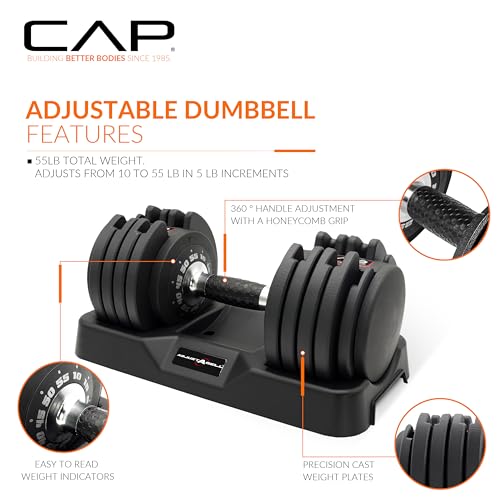 CAP ADJUSTABELL Adjustable Dumbbell Set, Premium Quick Select Adjustable Weights for Strength Training, Singles & Pairs, 12.5 LB, 25 LB & 55 LB, Round & Hex Dumbbells, Multiple Grip Handle Options - size: 55 lb - Honeycomb Chrome and Black Handle, style: