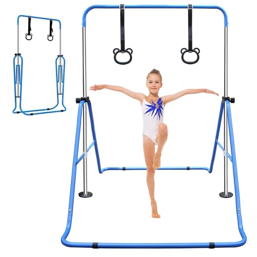 Gymnastics Bars for Kids with Rings, Junior Kip Training Bars Equipment for Home, Folding Height Adjustable Horizontal Bars - color: Blue