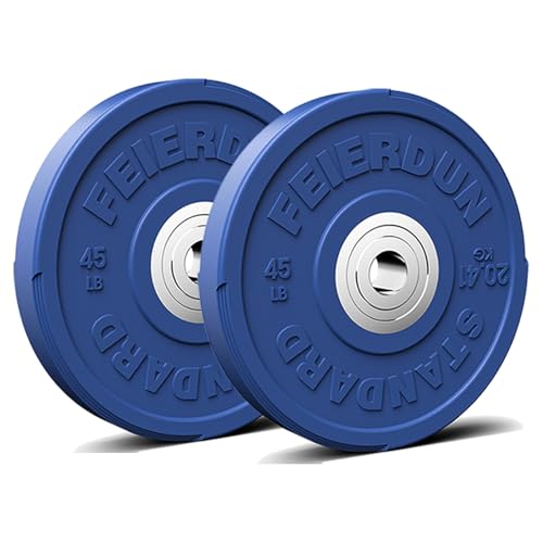 FEIERDUN Color Bumper Plate Set, 2-Inch Olympic Weight Plates, Low Bounce Rubber Barbell Plates with Stainless Steel Insert for Weightlifting, Strength Training, CrossFit & Home Gym, 10LB-370LB - style: G) 90LBS SET