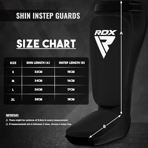 RDX Shin Guards Kickboxing Muay Thai, SATRA Approved, MMA Leg Instep Protection Pads, Sparring Training Martial Arts Boxing, Elasticated Padded Protector, Karate BJJ Taekwondo Gear, Men Women - color: Black, size: Small
