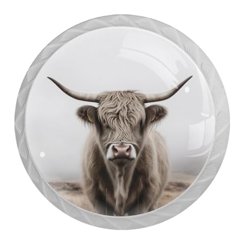 4 Pack White Cabinet Knobs, Highland Cow Drawer Handles for Cabinets, Dresser, Cupboard, Bathroom, Bedroom, Kitchen Hardware Closet Door Knob - color: Highland Cow