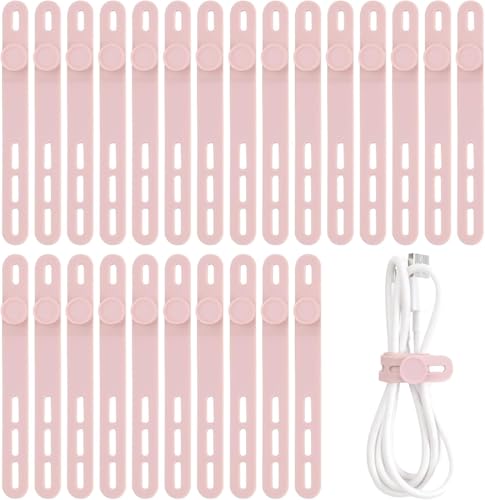 Oligei 25 Pcs Silicone Cable Ties, Cable Ties Reusable, High Elasticity Cord Wraps for Electrical Cords, Cord Organizer for Earphone, Phone Charger(Pink) - color: 25p∣pink