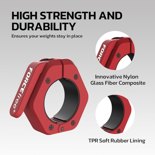 Forcefree+ Barbell Clips (Pair), Barbell Clamps, Quick Release Olympic Barbell Clamps with Anti Slip TPR Grip, Barbell Collars for Secure Weightlifting & Powerlifting - color: Red