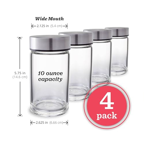 Juice Bottles - 4 Pack Wide Mouth Glass Bottles with Lids - for Juicing, Smoothies, Beverage Storage - 10oz Glass Water Bottles, BPA Free, Stainless Steel Lids, Leakproof, Reusable, Borosilicate - size: 10 oz