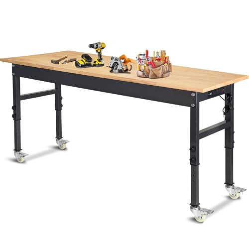 60" Adjustable Work Bench, Rubber Wood Top Workbench | Heavy-Duty Work Table with Power Outlet and Wheels, 2000 LBS Load Capacity Hardwood Work Benches for Garage,Workshop - size: with socket and wheels, 60