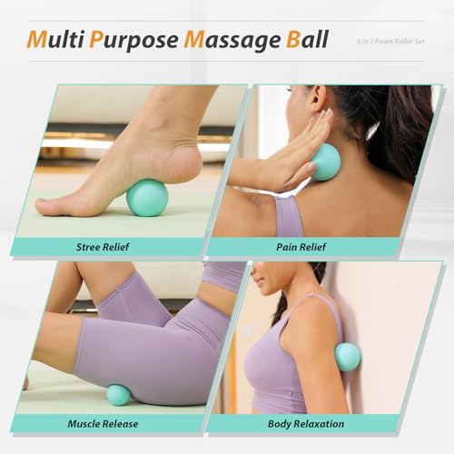 5 in1 Foam Roller Set, Trigger Point Foam Roller, Massage Roller Stick, Massage Ball, Resistance Band for Deep Muscle Massage Pilates Yoga,Fitness Exercise for Whole Body (Pure Turquoise) - color: Pure Turquoise