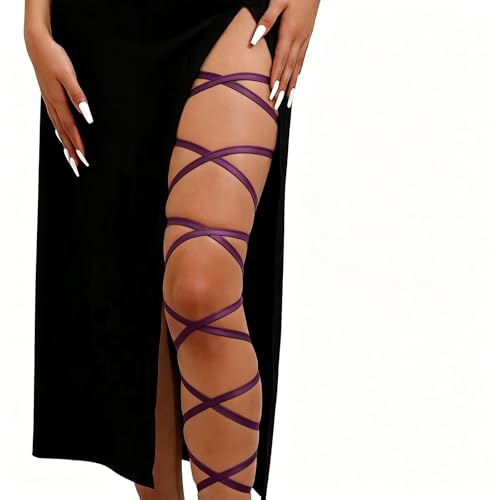 Elastic Cross Thigh Garter String Chain Leg Wraps, Punk Black Harajuku String Chain Body Jewelry for Women - color: Purple