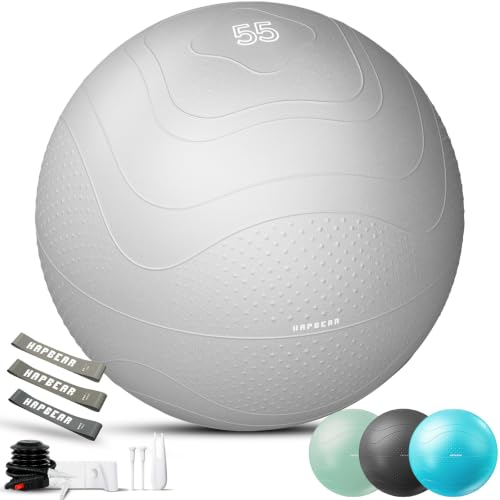 HAPBEAR Exercise Ball- Anti-Burst Slip-Resistant Yoga/Pilates Ball for Core Training & Posture Improvement, Home Gym/Rehab/Pregnancy Ball, Quick Pump & 3 Resistance Bands Included - color: Grey, size: M (19-22IN / 48-55cm)